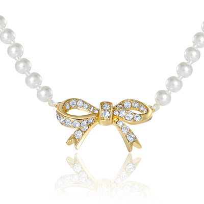 Pearl Necklace with Pavé Bow - Goldtone - Juicy Couture