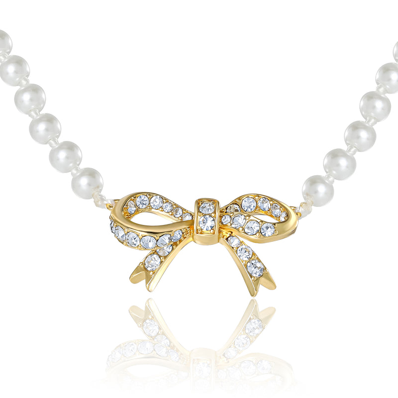 Pearl Necklace with Pavé Bow - Goldtone - Juicy Couture