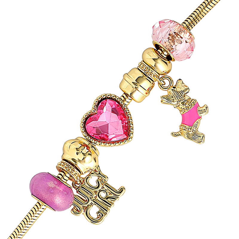 The Juicy Girl and Scottie Dog Charm Bracelet features pink beads, a heart-shaped pink gem, a small dog charm, and a LUV GIRL charm. Showcasing gold accents with various shades of pink and playful charms, this bracelet is the perfect accessory for fans of Y2K-inspired jewelry.