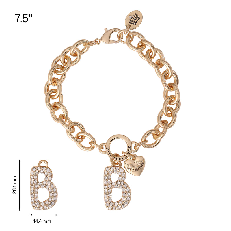 Introducing the Juicy Couture Pavé Initial Charm Bracelet, Letter B—a gold chunky design bracelet featuring a round clasp, a heart charm, and a sparkling pavé letter B charm. This stylish jewelry piece is 7.5 inches in length, with the B charm measuring 28.1 mm tall by 14.4 mm wide.