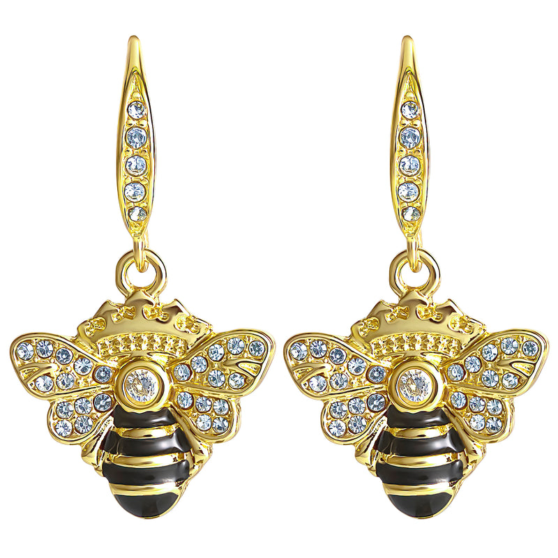 Introducing the Rhinestone and Black Enamel Bee Earrings: a pair of dazzling dangle earrings shaped like bees, adorned with black enamel stripes and sparkling rhinestones on their wings and body—perfect statement accessories for any queen bee jewelry collection.