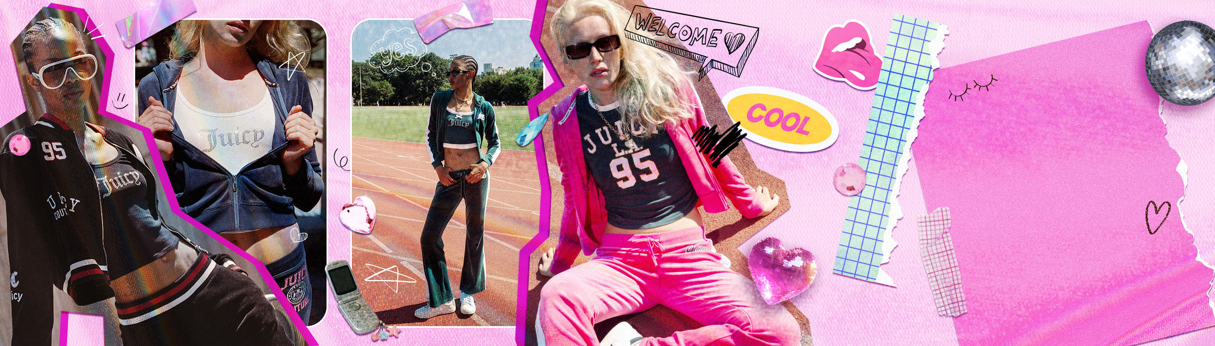 A vibrant collage-style promotional graphic featuring a woman in a pink jacket and pink pants wearing a black graphic t-shirt with 'JUICY 95' printed on the front and a woman in a black tracksuit with graphic prints. The background is a bright pink collage with stickers, grid patterns, and other fashion elements.