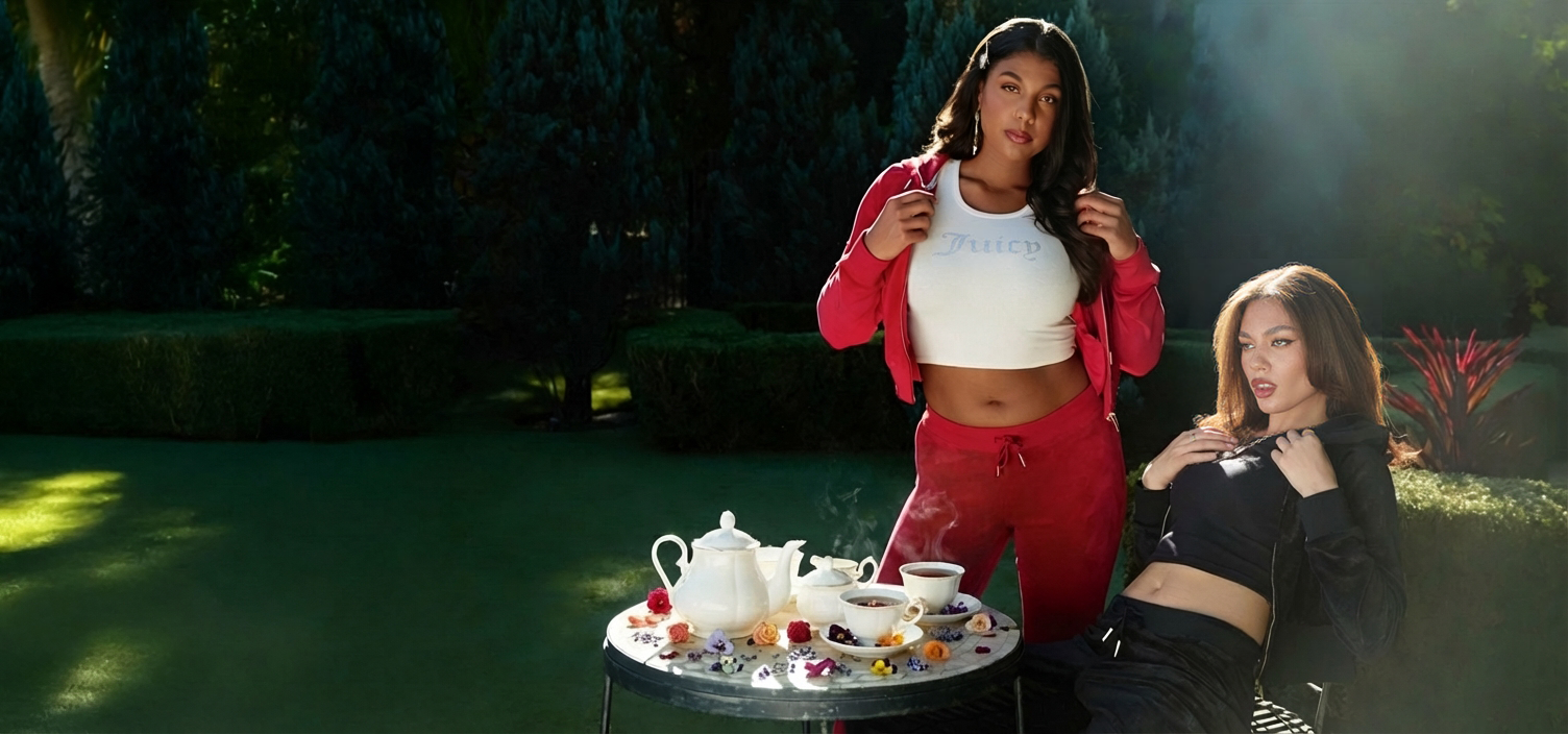 Two women in a garden in Juicy tracksuits surrounded, sitting at a table with tea served surrounded by flowers
