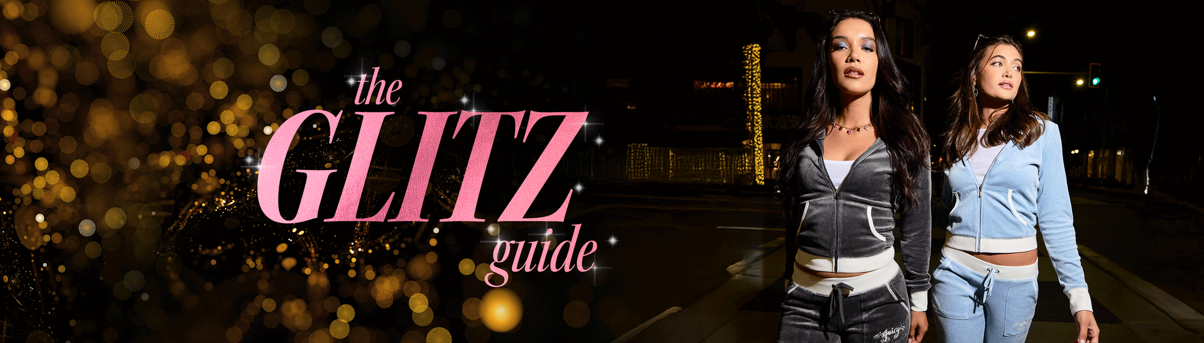 GIF of two women in black and white and blue and white tracksuits. Text "The Glitz Guide" on the left in pink with sparkles on top of a gold glitter background.