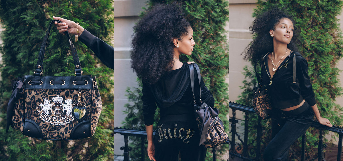 A three-panel collage showing a model wearing a black velvet Juicy Couture top and pants while carrying a leopard-print handbag with black leather trim and gold hardware. The left panel is a close-up of the handbag, the middle panel shows the model from the back, and the right panel shows her from the side leaning on a railing.