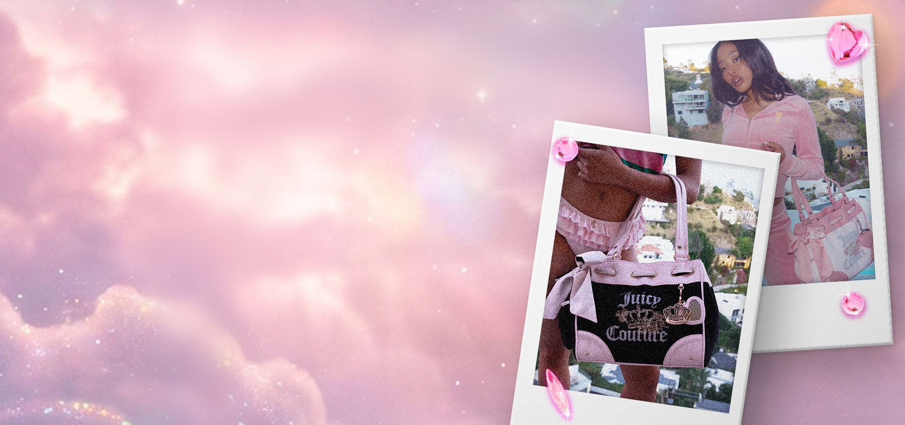 Collage of two polaroids on a pink and purple cloud background; one polaroid is a woman in a pink tracksuit with a pink handbag, and the other polaroid is a closeup of a black and pink handbag.