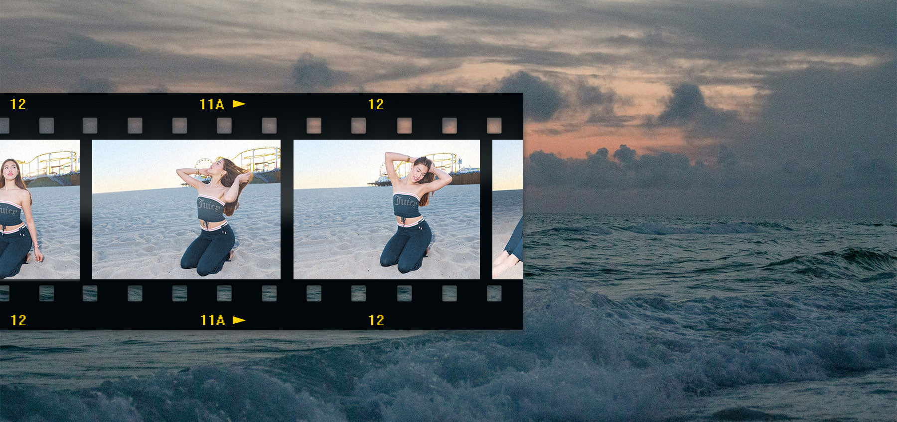 Film strip with a person in a navy tube top and pants against a sunset ocean backdrop