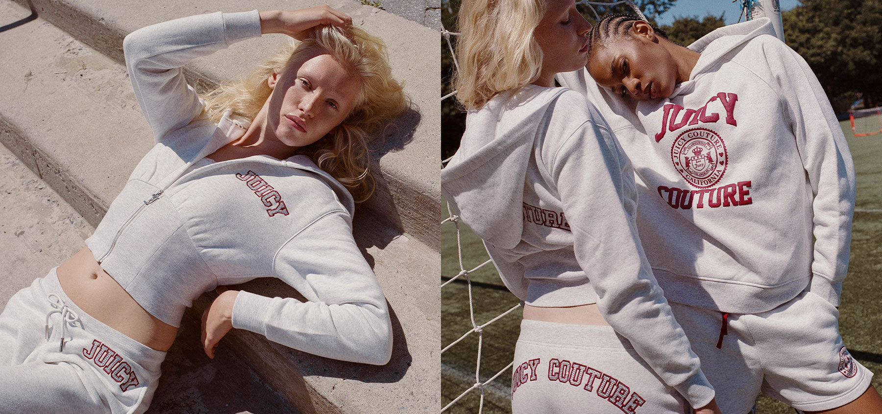 A split-screen lifestyle photo showing a model wearing a light gray Juicy Couture cropped hoodie and matching sweatpants in an outdoor setting. The model is posed on concrete steps on the left and leaning against a soccer net on a field on the right, both wearing the brand's signature red text and logo.