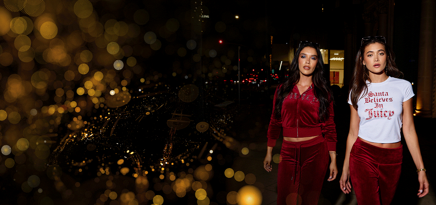 Gif of two women in a black and a blue Juicy Couture tracksuit, and then in red tracksuits with a white shirt.