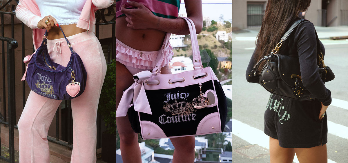 A three-panel collage showing women wearing and carrying Juicy Couture handbags in real-world outdoor and indoor settings. The bags include a purple bag with gold lettering, a pink and black bag with a large bow, and a black bag with gold lettering, all branded with the Juicy Couture logo.