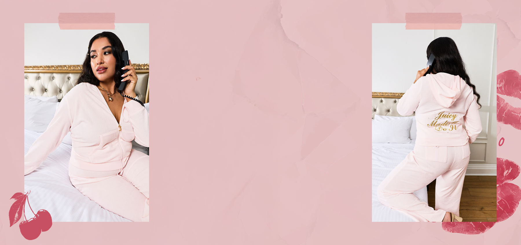 Woman in a pink Juicy Couture tracksuit sitting on a bed with a pink background