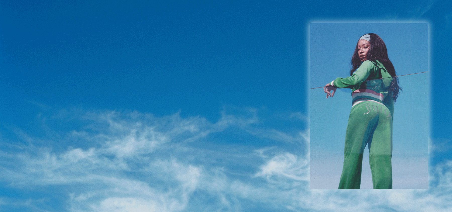 GIF of woman in green tracksuit collaged onto image of blue sky
