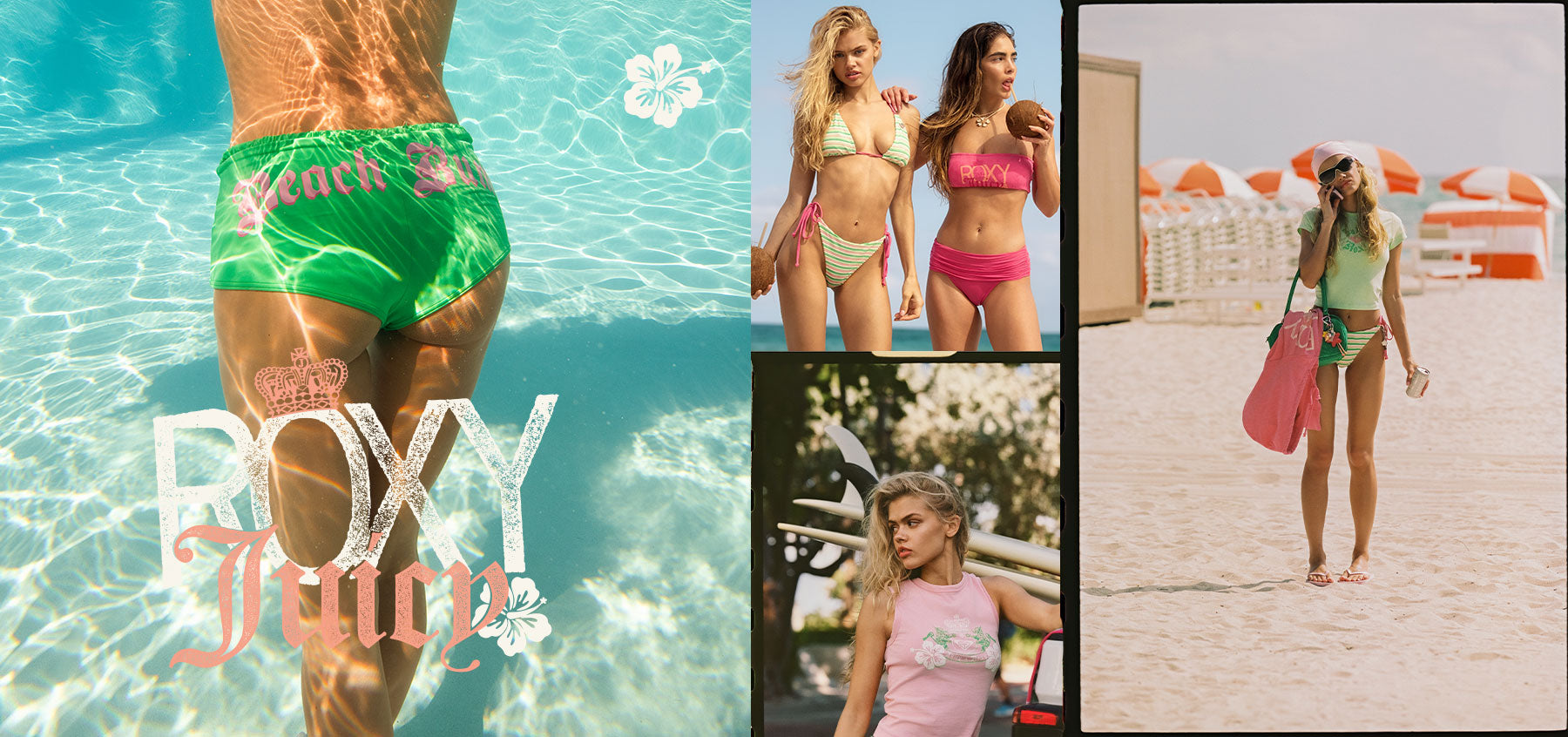 Collage of images of people in swimsuits at the beach or outside with a pastel logo lockup of "Roxy Juicy"