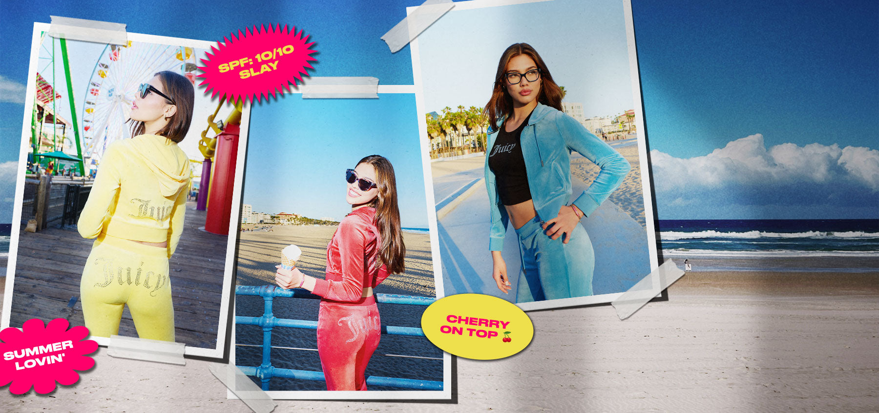 Collage of three fashion-themed images with models in different outfits on a beach and city street background.