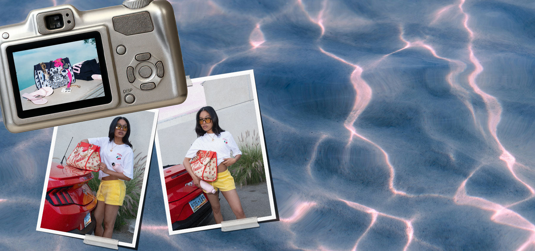 Collage of digital camera showing an image on the screen and two photographs of person holding a red handbag by a red car