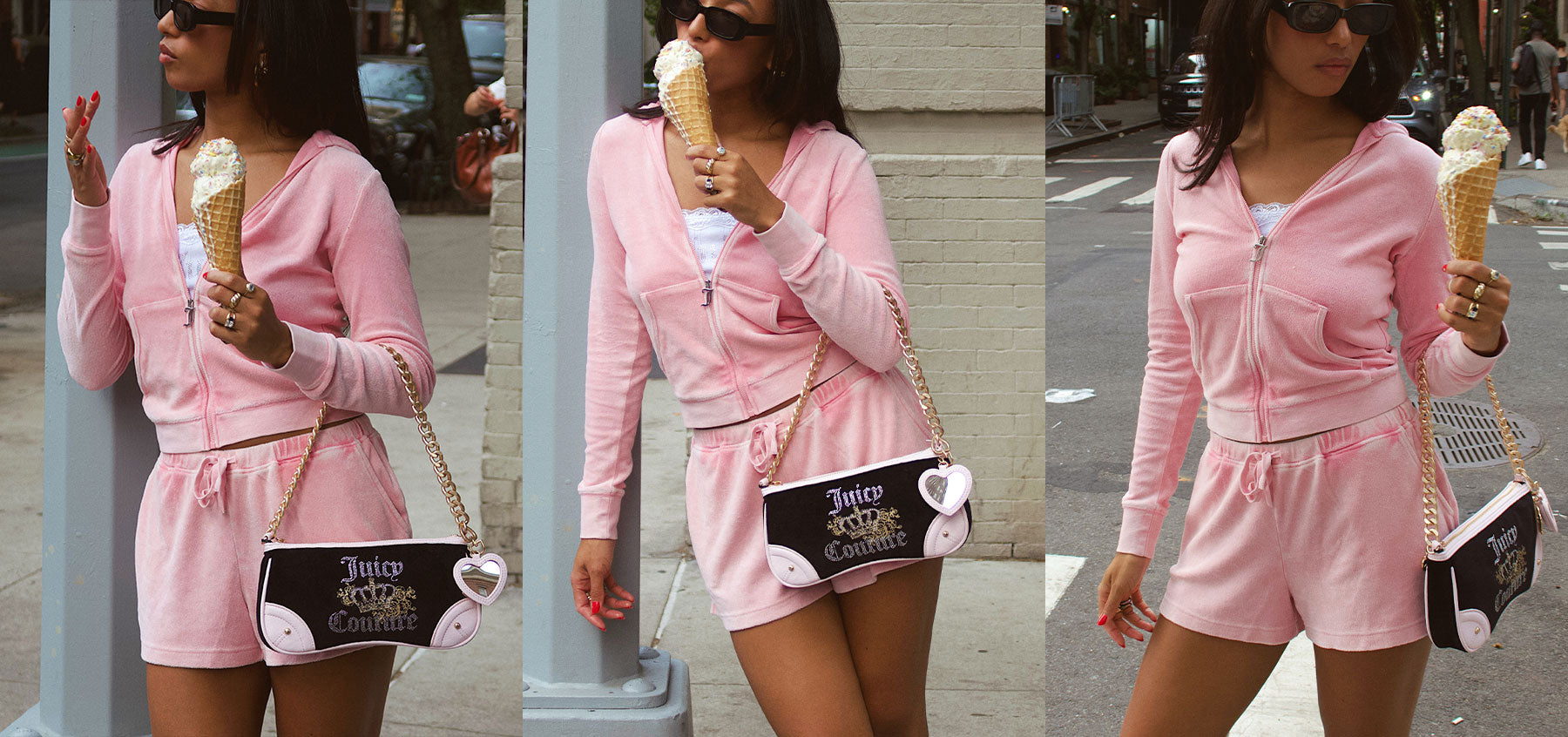 Collage of three images of a woman in pink tracksuit holding an ice cream cone with a handbag.