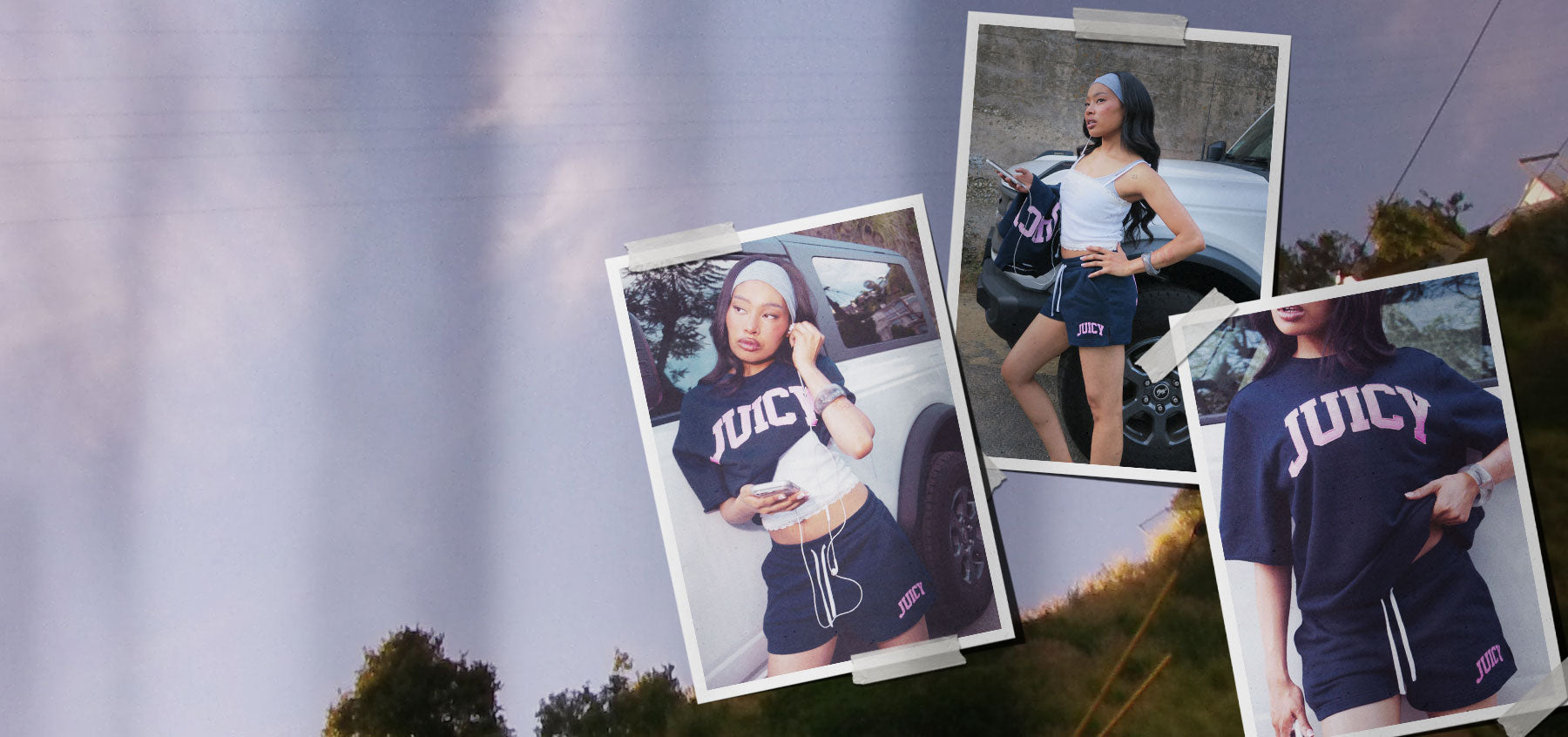 Collage of photos of person in navy matching set on an outdoor background