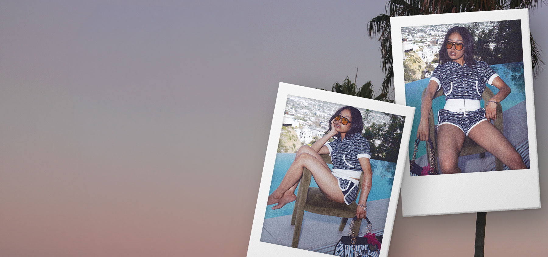 Collage of two polaroids featuring woman in blue and white matching set sitting by the pool on a sunset background with palm trees