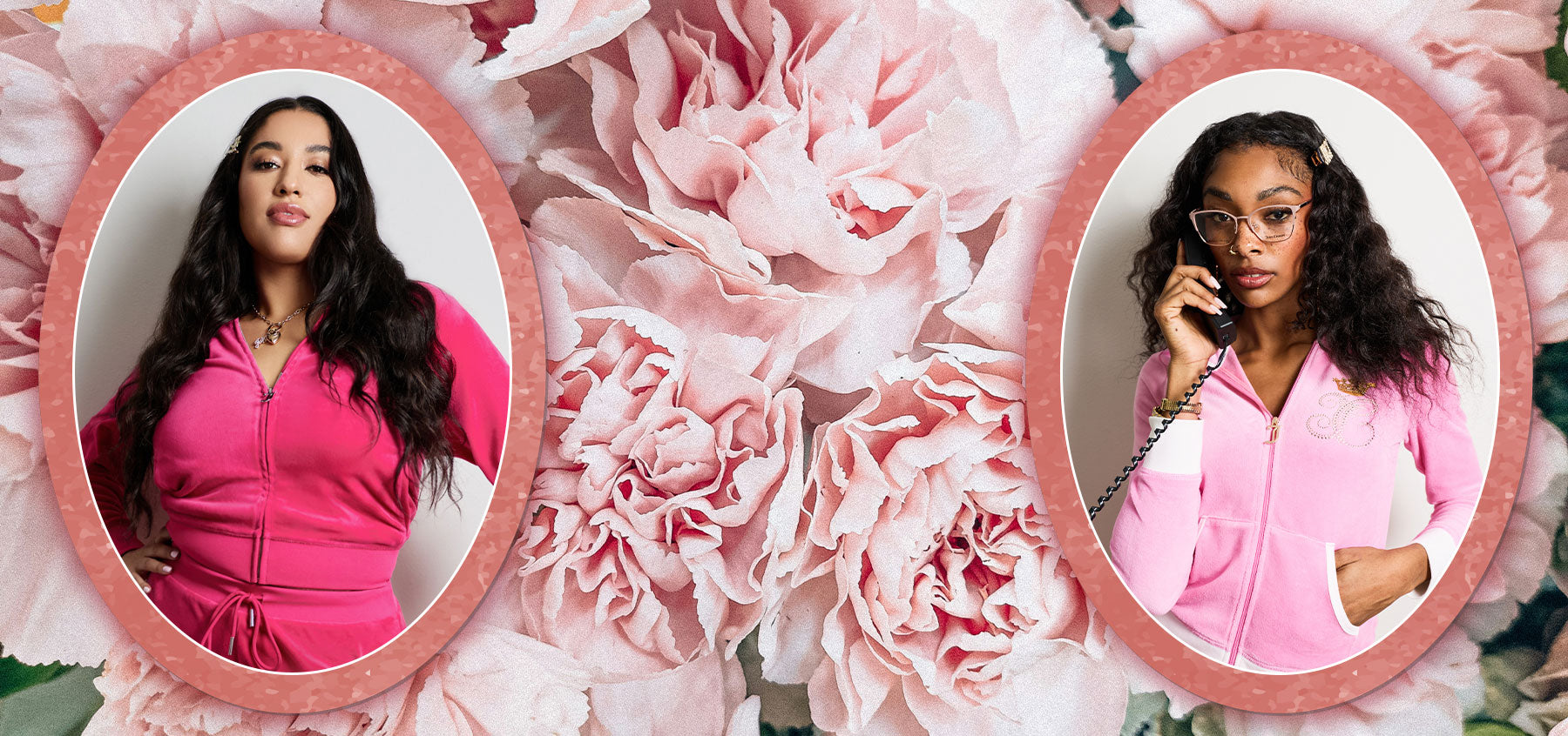 Two women in pink outfits in oval frames surrounded by pink flowers