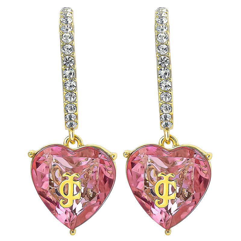 Heart Charm Hoop Earrings featuring gold hoops adorned with clear gemstones and pink, heart-shaped gemstone pendants, each showcasing a gold monogram-style JC at the center. These Juicy Couture Heart Charm Hoop Earrings make an ideal heart jewelry gift, delivering an elegant and sparkling statement earring design.
