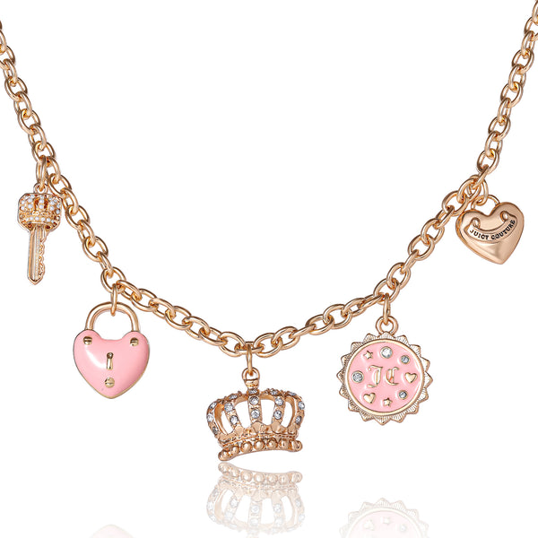 Goldtone Charm Necklace with Pink Enamel Accents and Crystal Details - Juicy Couture