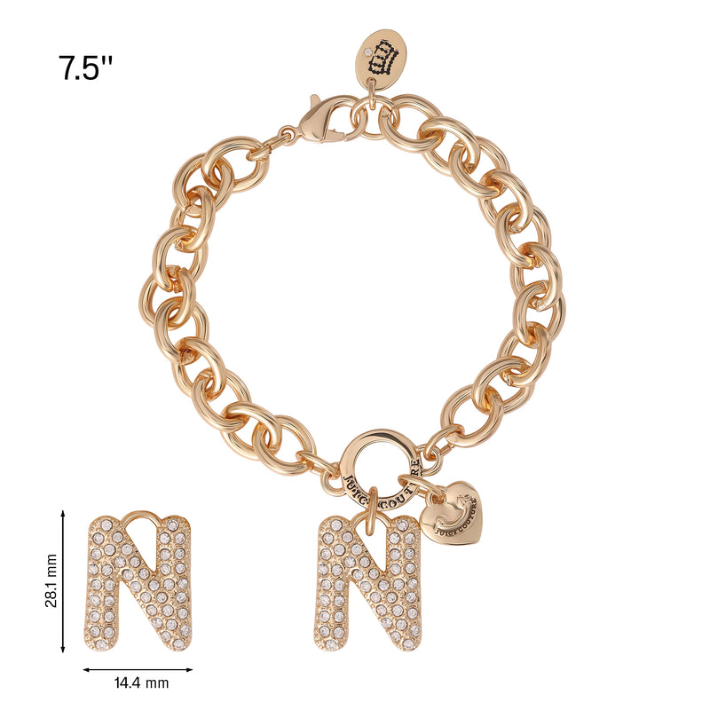 Adorn your wrist with the Pavé Initial Charm Bracelet, Letter N by Juicy Couture—a gold chunky design featuring a heart and sparkling N charm, paired with matching pavé N earrings. 7.5″ length and measurements provided—an ideal set for charm jewelry enthusiasts.