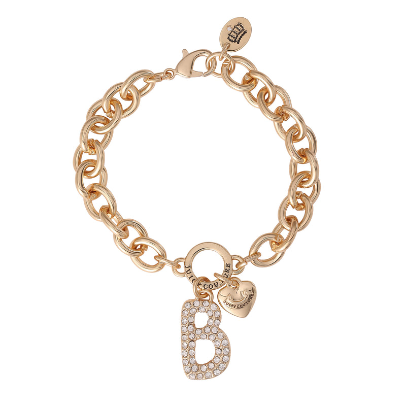 The Pavé Initial Charm Bracelet, Letter B, features a gold chunky chain with a round clasp, adorned with a crystal-studded letter B charm and a small heart charm engraved with Juicy Couture—an iconic piece of charm jewelry ideal for fans of signature Juicy Couture bracelets.