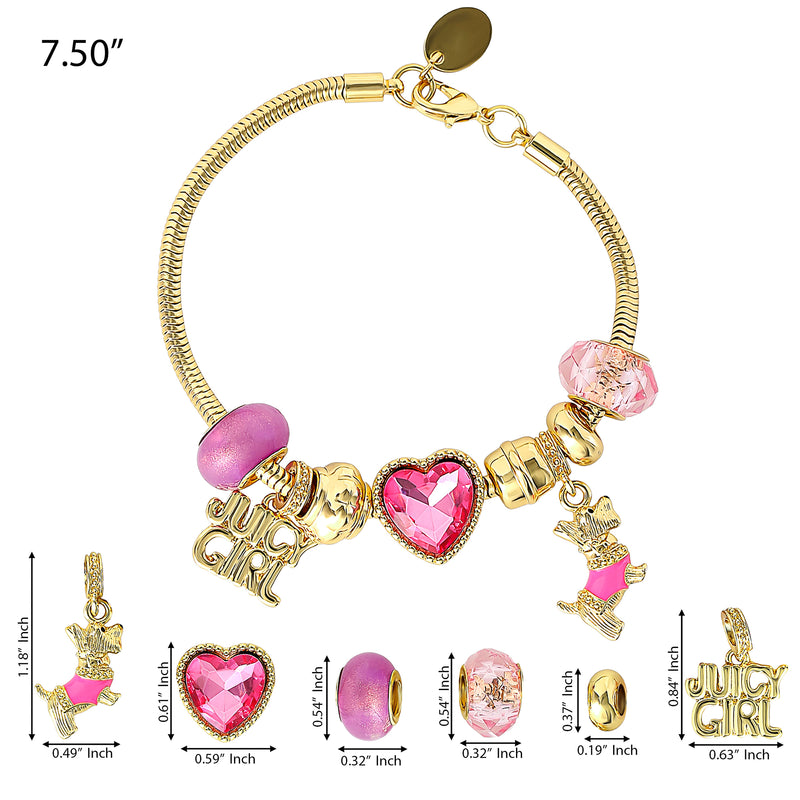 Introducing the Juicy Girl and Scottie Dog Charm Bracelet, a 7.5″ gold-tone piece adorned with playful pink and gold charms—including hearts, “JUICY GIRL” lettering, a cute dog, round beads, and sparkling faceted gems. This Juicy Couture bracelet is the perfect accessory for lovers of fun Y2K-inspired jewelry. Please see below for detailed charm sizes and measurements.