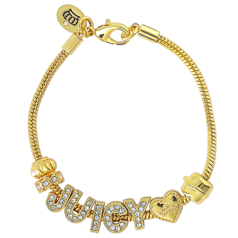 Logo Charm Bracelet featuring “JUICY” spelled out in crystal-studded letters, a heart-shaped charm, and a secure lobster clasp—an ideal Y2K statement piece for elevating any bold look.