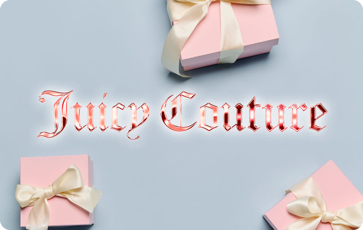 Three pink gift boxes with white ribbons arranged around a metallic pink Juicy Couture logo to represent an e-Gift Card.