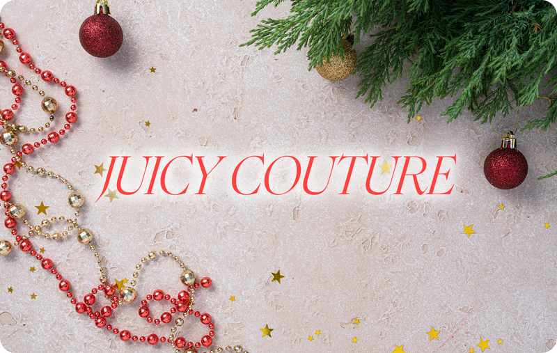 An e-Gift Card featuring the words JUICY COUTURE centered over a textured surface decorated with red and gold ornaments, beaded garlands, and evergreen sprigs.