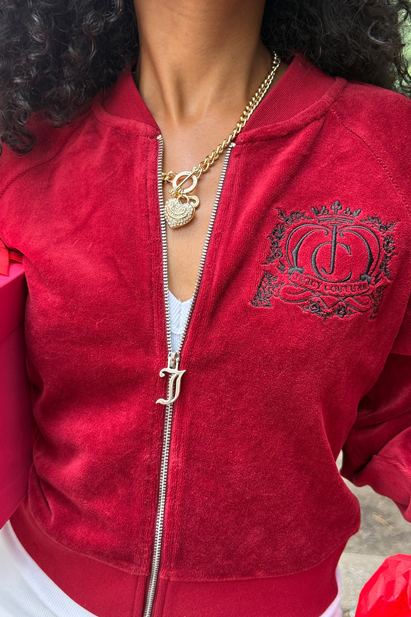 Scottie Crown Cotton Velour Jacket in red, featuring a black embroidered crown logo on the chest and a silver J-shaped zipper pull.