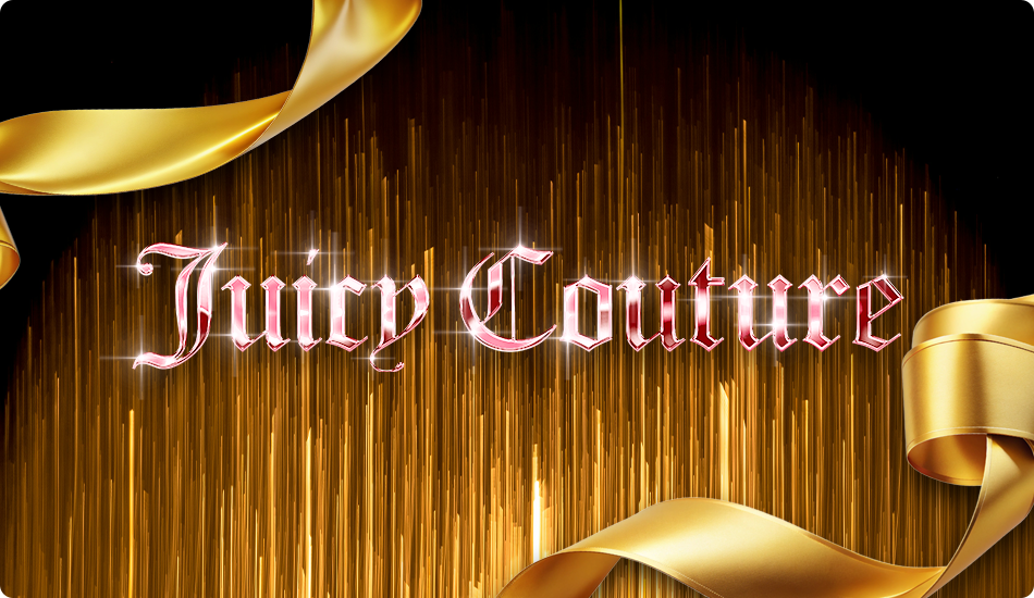 Juicy Couture logo with gold ribbons on a dark background