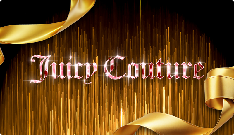 Juicy Couture logo with gold ribbons on a dark background