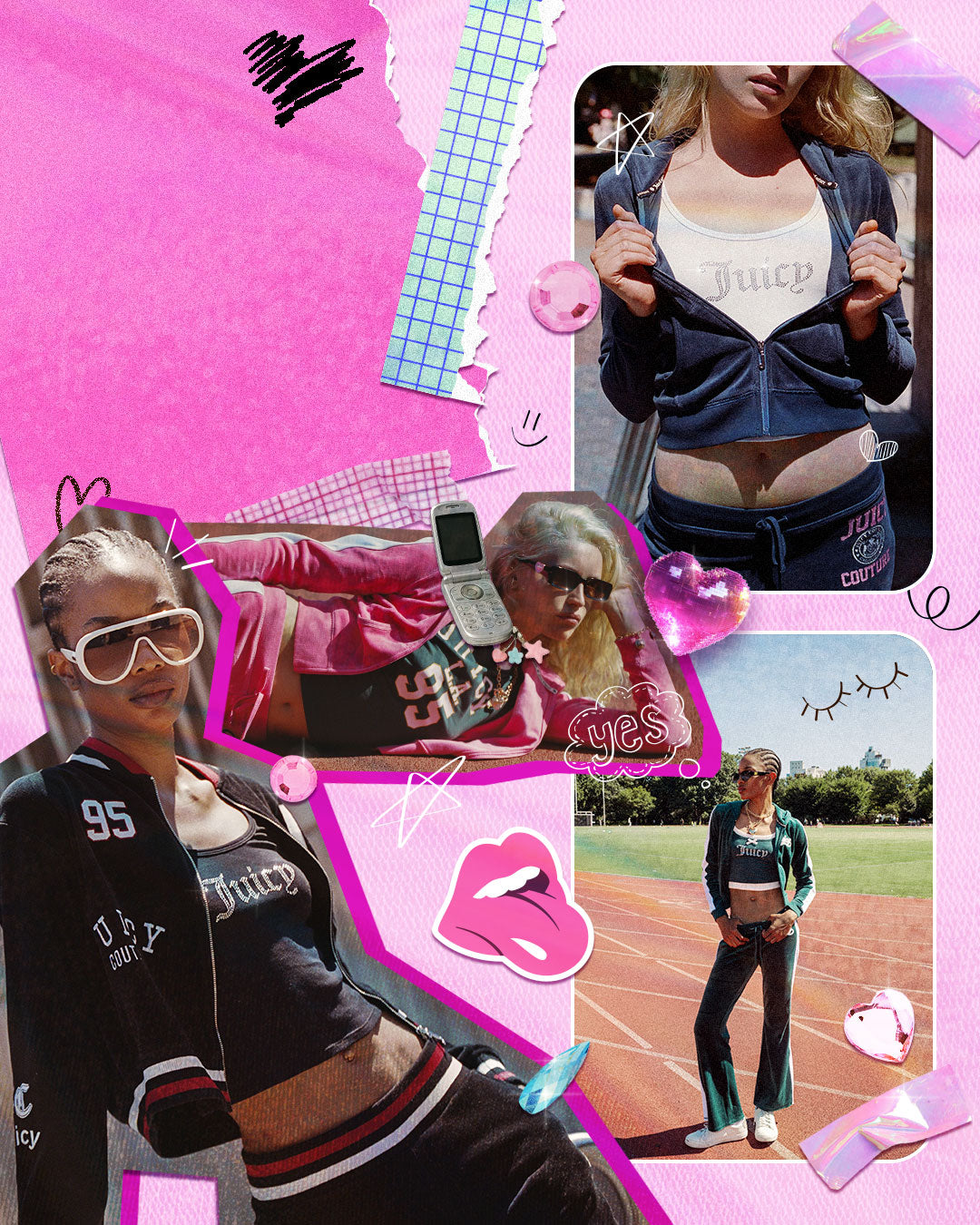 A vibrant collage-style promotional graphic featuring a woman in a pink jacket and pink pants wearing a black graphic t-shirt with 'JUICY 95' printed on the front and a woman in a black tracksuit with graphic prints. The background is a bright pink collage with stickers, grid patterns, and other fashion elements.