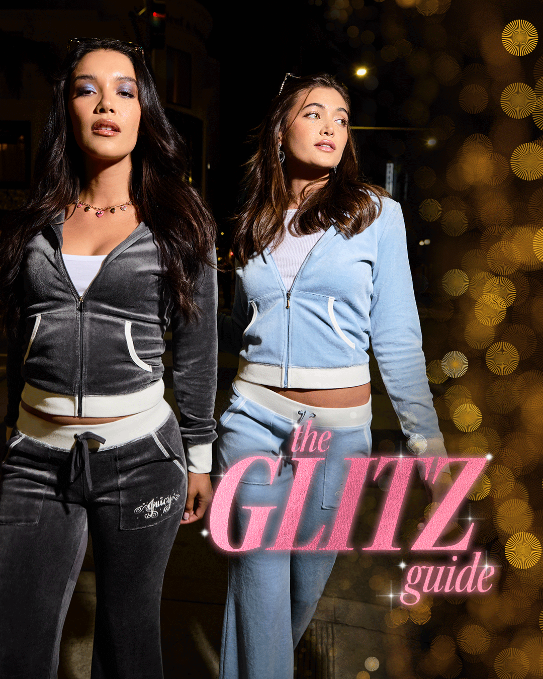 GIF of two women in black and white and blue and white tracksuits. Text "The Glitz Guide" on the right in pink with sparkles on top of a gold glitter background.