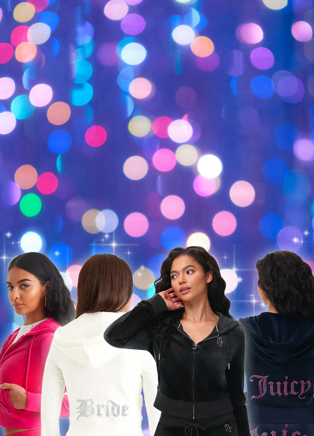 Woman in pink, navy, black, and white Juicy Couture tracksuits against a colorful sparkling background