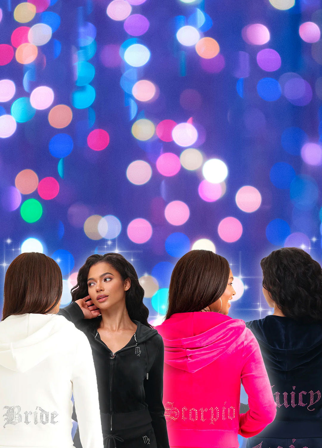 Woman in pink, navy, black, and white Juicy Couture tracksuits against a colorful sparkling background