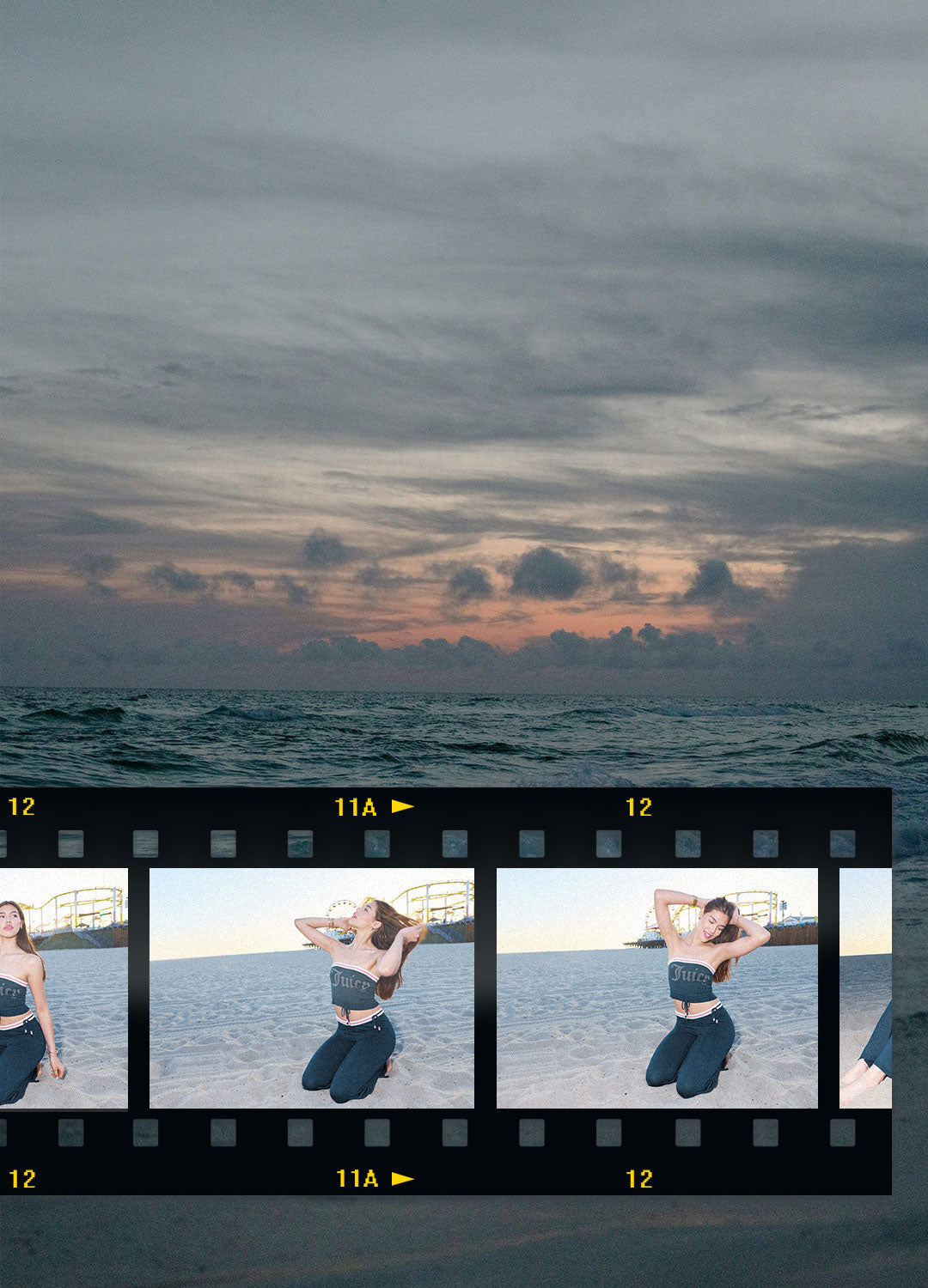 Film strip with a person in a navy tube top and pants against a sunset ocean backdrop