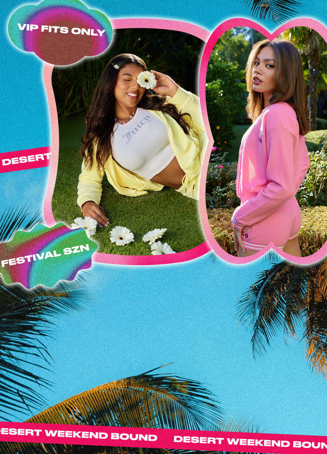 Two women in yellow and pink tracksuits collaged in pink frames onto a background with a blue sky and palm trees
