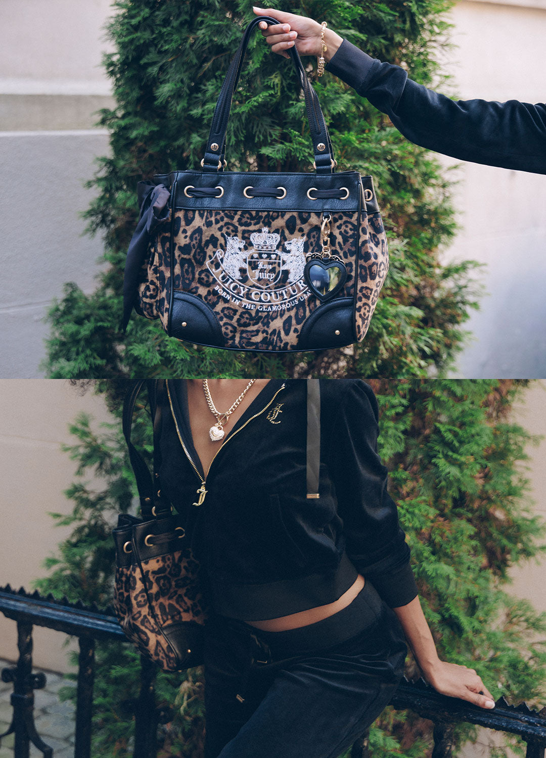 A leopard-print handbag with black trim and a large white crest patch reading 'JUICY COUTURE' is shown being held by a person in a black outfit, with a second smaller matching bag worn on the shoulder. The background features a green tree and a light-colored wall.