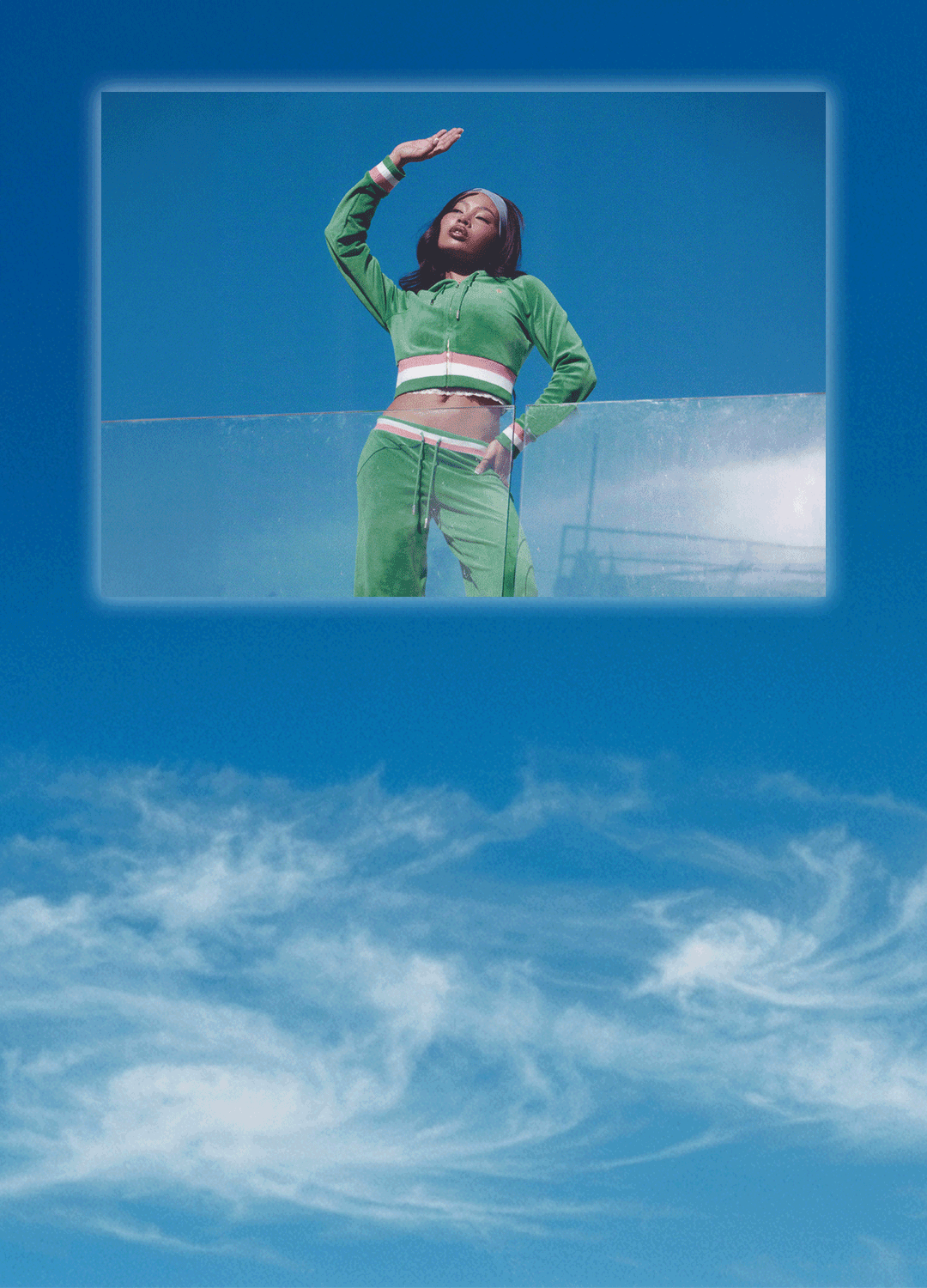 GIF of woman in green tracksuit collaged onto image of blue sky