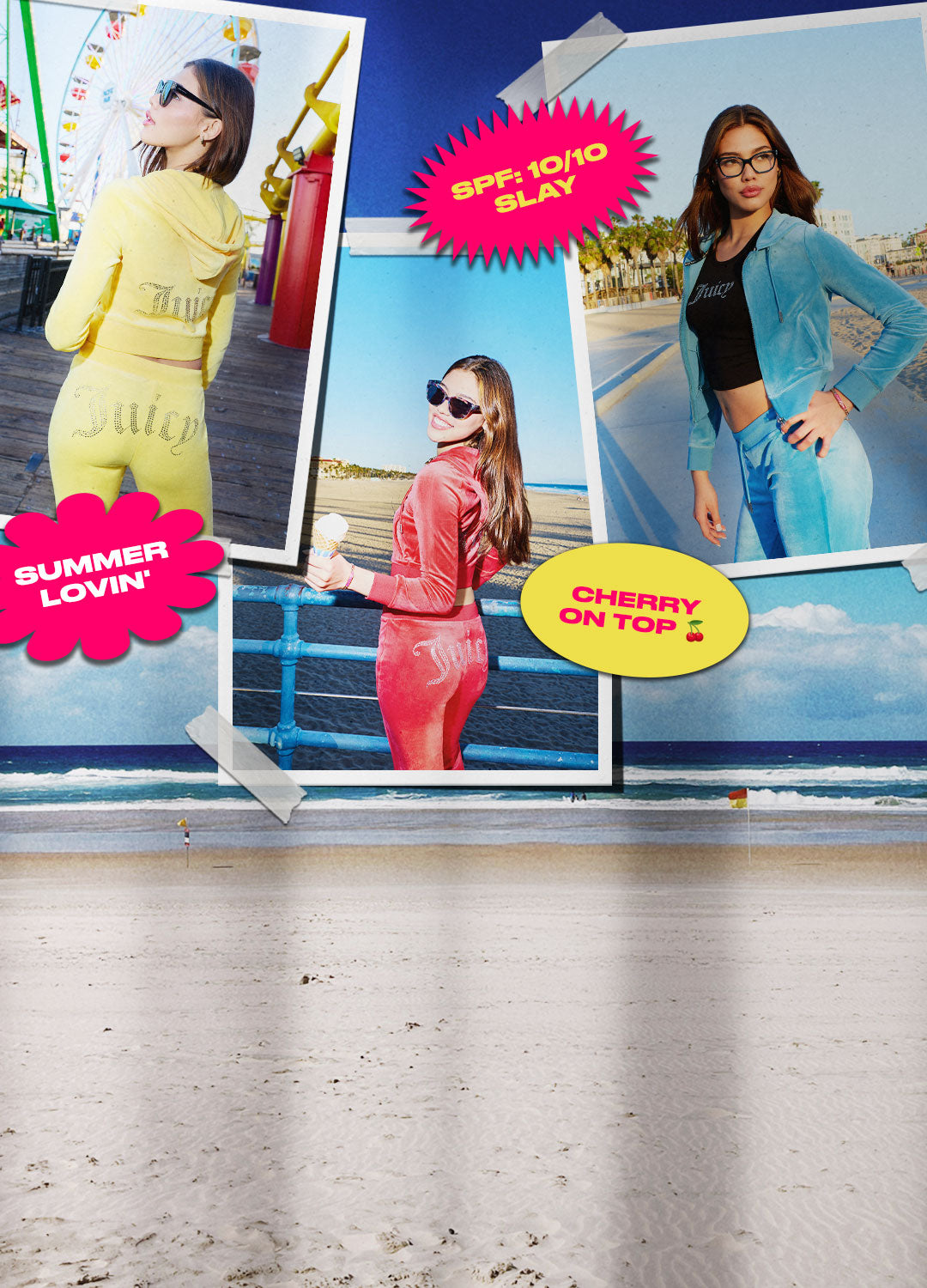 Collage of three fashion-themed images with models in different outfits on a beach and city street background.