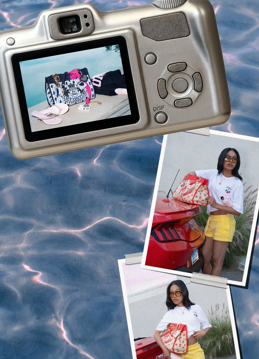 Collage of digital camera showing an image on the screen and two photographs of person holding a red handbag by a red car