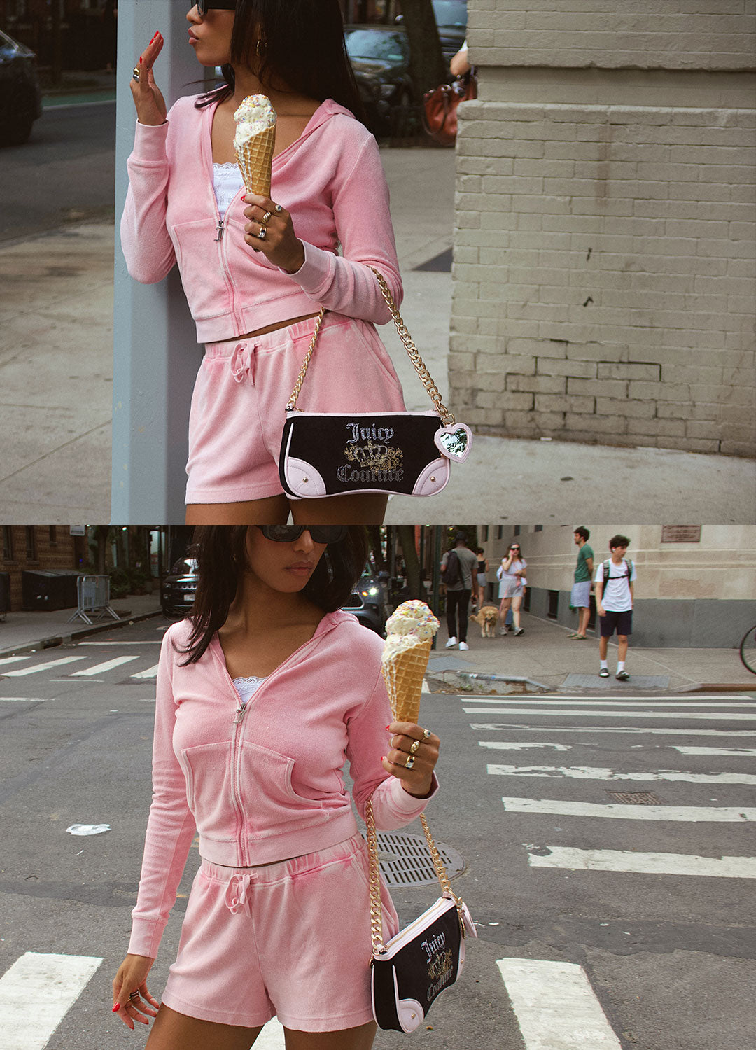 Collage of two images of a woman in pink tracksuit holding an ice cream cone with a handbag.