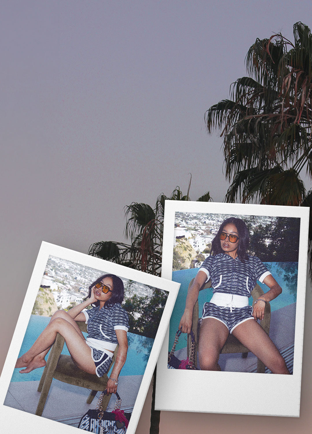 Collage of two polaroids featuring woman in blue and white matching set sitting by the pool on a sunset background with palm trees