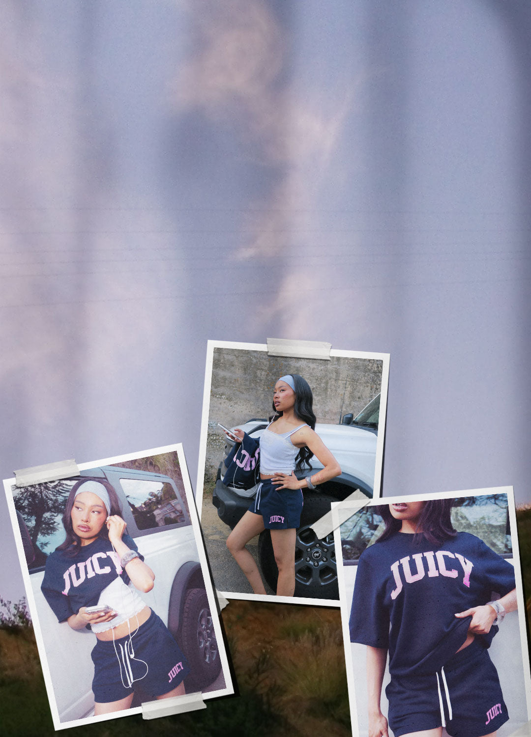 Collage of photos of person in navy matching set on an outdoor background