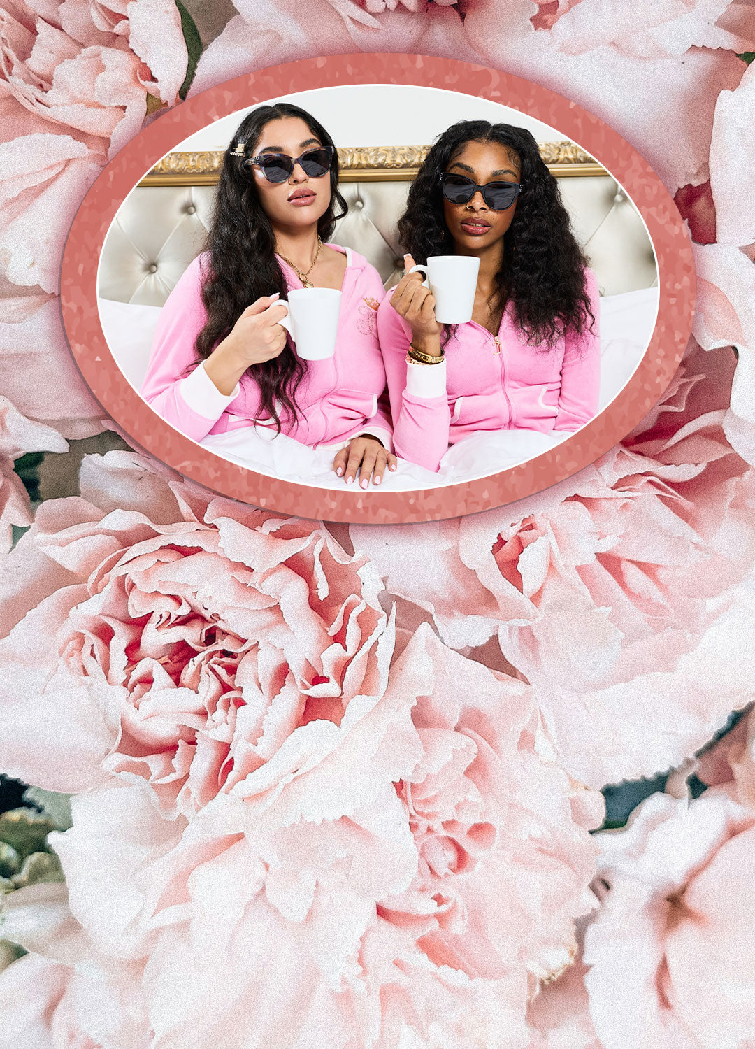 Women in pink tracksuit in an oval frame surrounded by pink flowers