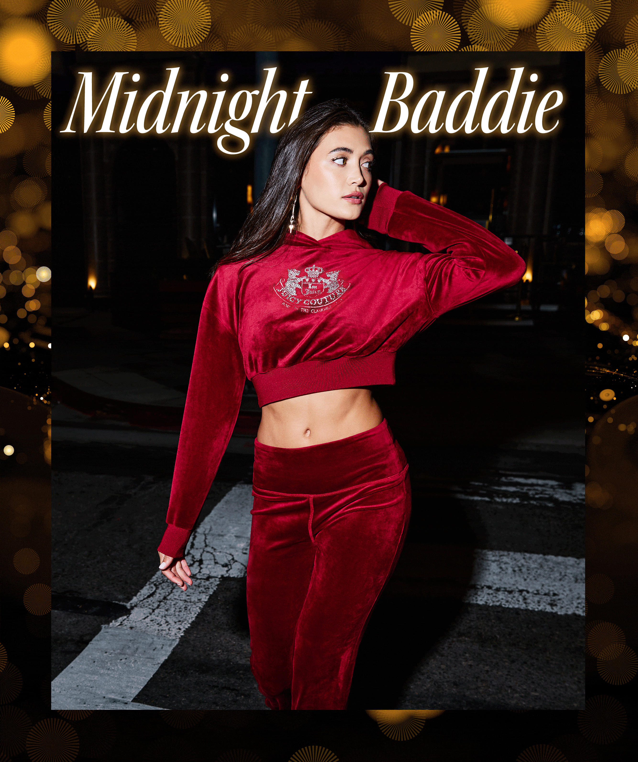 GIF of women in red and black Juicy Couture tracksuits on city street at night, with the text "Midnight Baddie"