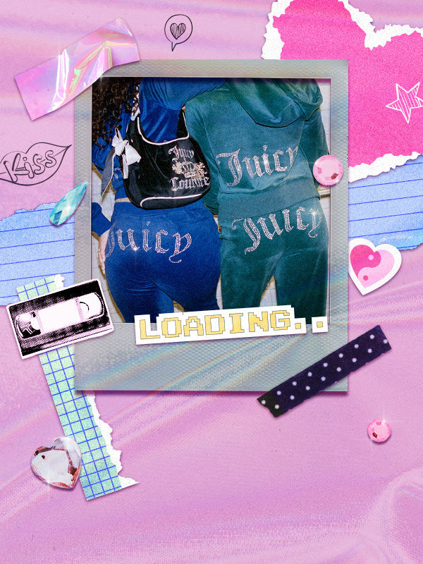 A stylized collage-style product image showing a polaroid of a matching blue and teal velour tracksuit set with 'Juicy' text, framed by pink, blue, and white decorative paper elements on a pink background.